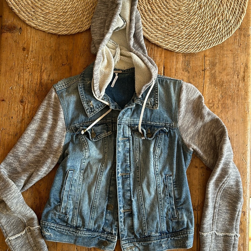 Free People mixed textile Denim jacket with detachable  sweatshirt hood